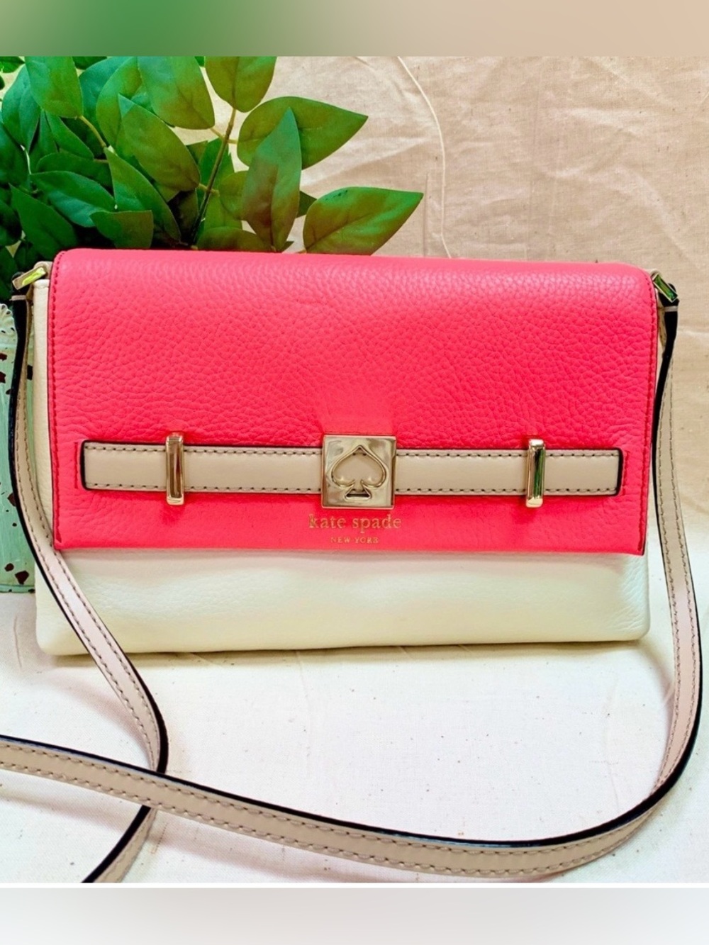 Kate Spade Bright Coral Pink & Cream Leather Crossbody with Gold Accent